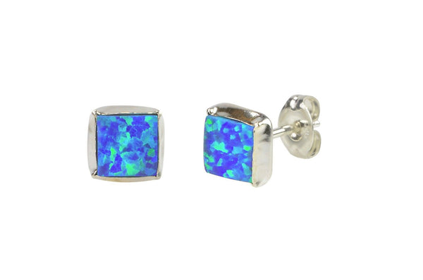 Navy Blue Green Opal Gemstone Studs 925 Sterling Silver Earrings 7mm Square - Jewelryland.com