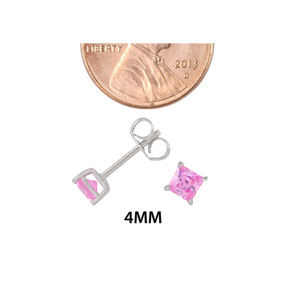 Square Pink CZ October Birthstone Stud Earrings .925 Sterling Silver Basket Set - Jewelryland.com