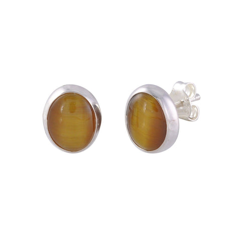925 Sterling Silver Tigers Eye Stud Earrings Gemstone 6mm x 8mm Oval Shape - Jewelryland.com