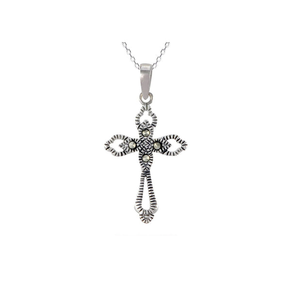 Sterling Silver Marcasite Cross Pendant Necklace with 18" Silver Chain - Jewelryland.com