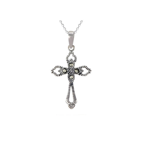 Sterling Silver Marcasite Cross Pendant Necklace with 18" Silver Chain - Jewelryland.com