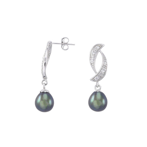 Black Pearl Dangle Earrings Abstract Crescent Design White CZ Sterling Silver - Jewelryland.com