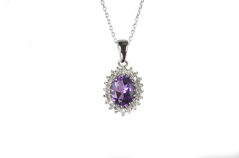 Sterling Silver Diamond (.01 ct) and Amethyst Oval Pendant Necklace - Jewelryland.com
