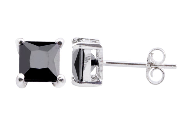 Square Black CZ Stud Earrings 925 Sterling Silver Basket Setting - Jewelryland.com