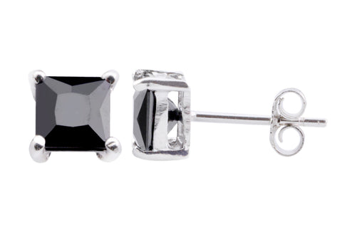 Square Black CZ Stud Earrings 925 Sterling Silver Basket Setting - Jewelryland.com