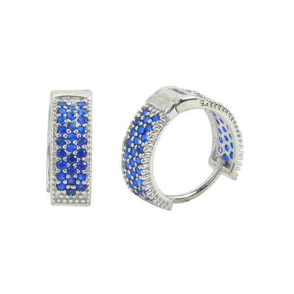 Sterling Silver Earrings Huggie Hoops Micropave Blue CZ 14mm x 4mm - Jewelryland.com