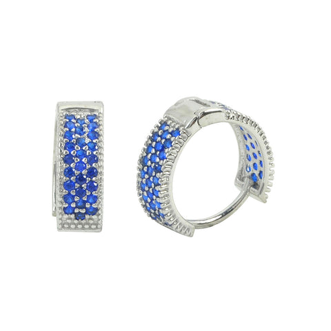 Sterling Silver Earrings Huggie Hoops Micropave Blue CZ 14mm x 4mm - Jewelryland.com