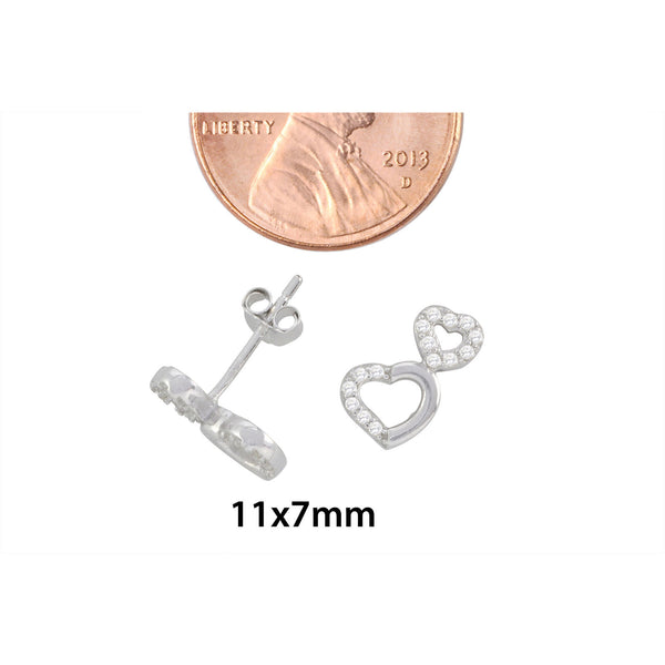 Sterling Silver Double Heart Outline Stud Earrings Micropave CZ 11mm x 7mm - Jewelryland.com