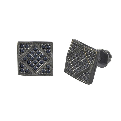 Black CZ Screwback Earrings Mens Studs Sterling Silver 9mm Square diam shape - Jewelryland.com