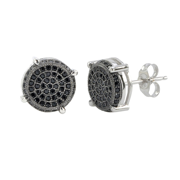Sterling Silver Micropave Stud Earrings Round Black CZ 3d Side Stones 11mm x 11 - Jewelryland.com
