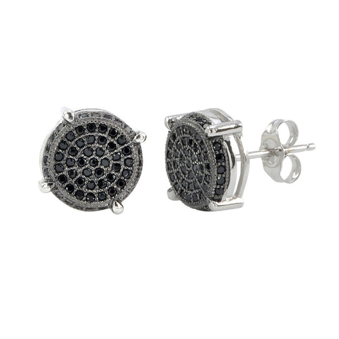 Sterling Silver Micropave Stud Earrings Round Black CZ 3d Side Stones 11mm x 11 - Jewelryland.com