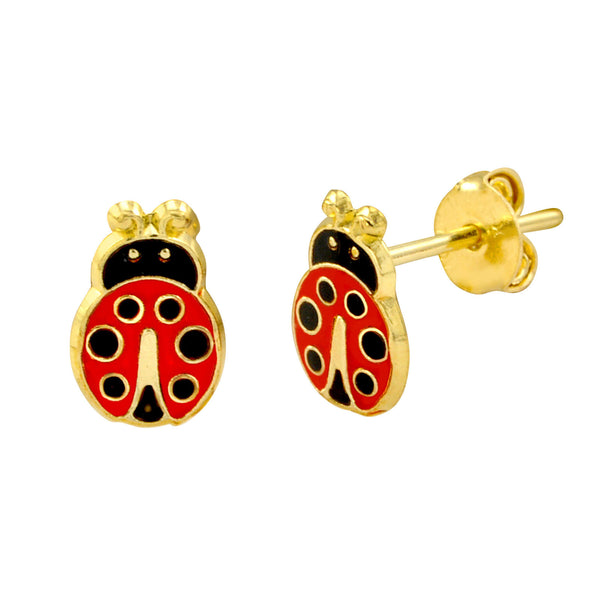 10k Yellow Gold Lady Bug Stud Earrings Hand Painted 8mm x 5mm - Jewelryland.com