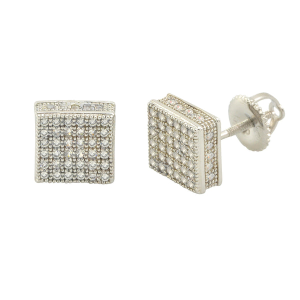 Sterling Silver Square Screw Back Stud Earrings 8mm Clear CZ 3d Side Stones - Jewelryland.com