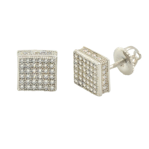 Sterling Silver Square Screw Back Stud Earrings 8mm Clear CZ 3d Side Stones - Jewelryland.com