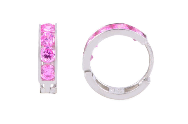 Pink CZ Hoops Huggie Earrings Hinged .925 Sterling Silver 14mm - Jewelryland.com