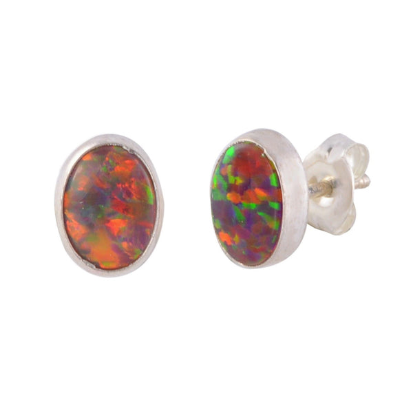 Opal Stud Earrings Sterling Silver Gemstone iridescent Orange 7mm x 9mm Oval - Jewelryland.com