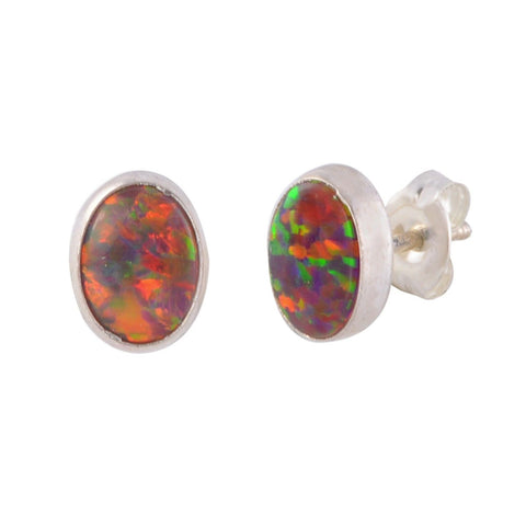 Opal Stud Earrings Sterling Silver Gemstone iridescent Orange 7mm x 9mm Oval - Jewelryland.com