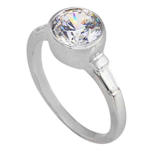 Womens CZ Ring Bezel Set .925 Sterling Silver 9mm Cubic Zirconia Rhodium - Jewelryland.com