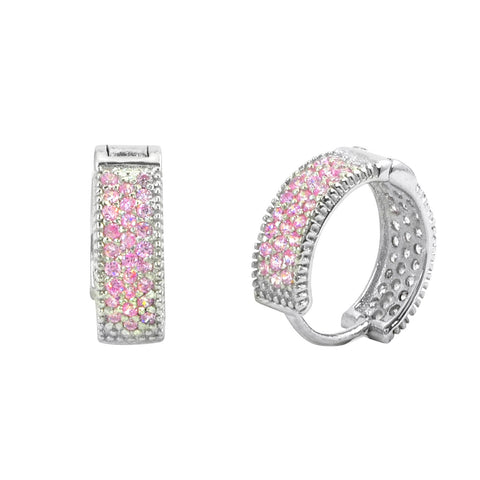 Sterling Silver Earrings Huggie Hoops Micropave Pink Cubic Zirconia 14mm x 4mm - Jewelryland.com
