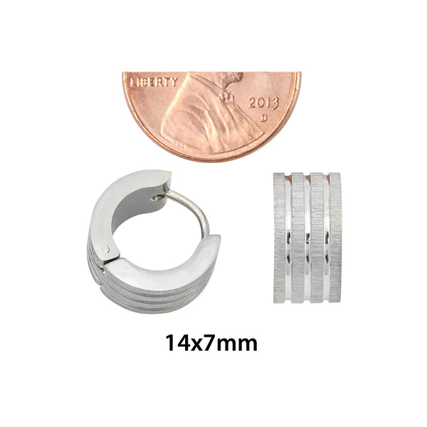 Stainless Steel Huggie Hinged Hoop Earrings 14mm High Polish 3-Line Design - Jewelryland.com