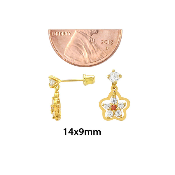 Sterling Silver Flower Dangle Earrings Ruby and White Cubic Zirconia Gold Plated - Jewelryland.com