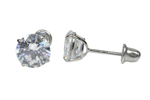 14k White Gold Stud Earrings Screw Backs Round Clear CZ Cubic Zirconia Basket - Jewelryland.com