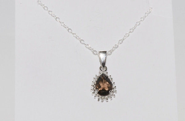925 Sterling Silver Diamond (.01ct) and Smoky Quartz Teardrop Necklace 18" chain - Jewelryland.com