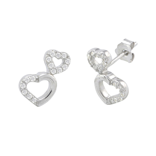 Sterling Silver Double Heart Outline Stud Earrings Micropave CZ 11mm x 7mm - Jewelryland.com