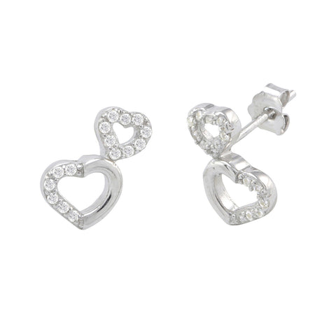 Sterling Silver Double Heart Outline Stud Earrings Micropave CZ 11mm x 7mm - Jewelryland.com