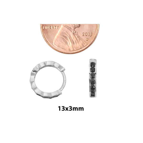 Sterling Silver Hoop Earrings 1 Row Black Cubic Zirconia Fancy Set 13mm x 3mm - Jewelryland.com