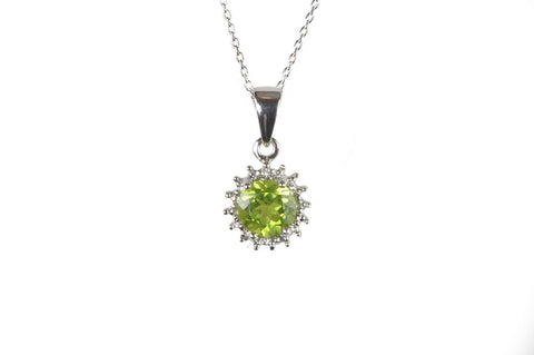 Sterling Silver Diamond (.04ct) and Peridot (6mm,.85ct) Round Pendant Necklace - Jewelryland.com