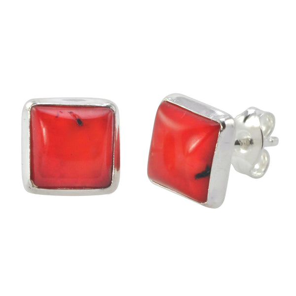 925 Sterling Silver Gemstone Earrings Red Coral 9mm Square Studs - Jewelryland.com