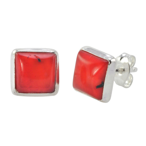 925 Sterling Silver Gemstone Earrings Red Coral 9mm Square Studs - Jewelryland.com