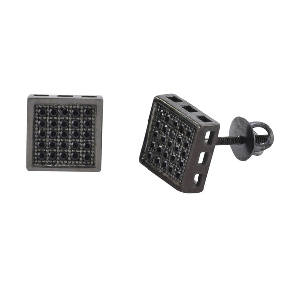Mens Screwback Earrings Sterling Silver Pave Black CZ Cubic Zirconia 8mm Square - Jewelryland.com