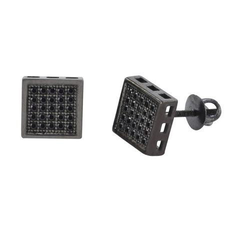 Mens Screwback Earrings Sterling Silver Pave Black CZ Cubic Zirconia 8mm Square - Jewelryland.com
