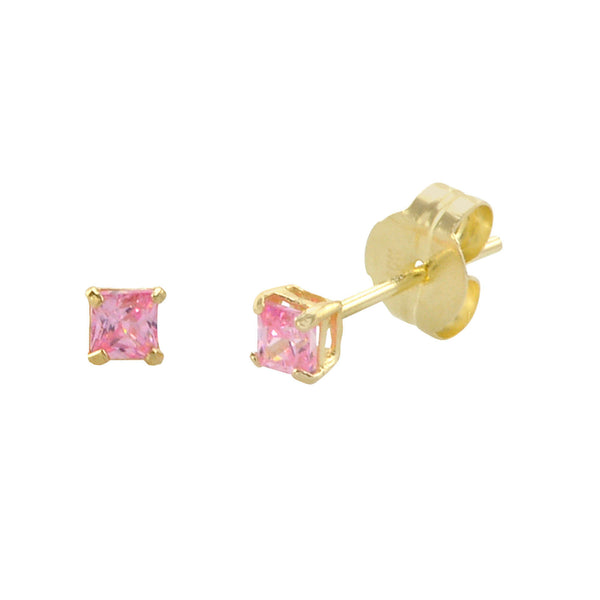 10k Yellow Gold Square Pink CZ Stud Earrings Cubic Zirconia Basket Set - Jewelryland.com