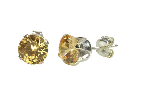 Round Champagne CZ Stud Earrings Prong Set Cubic Zirconia .925 Sterling Silver - Jewelryland.com