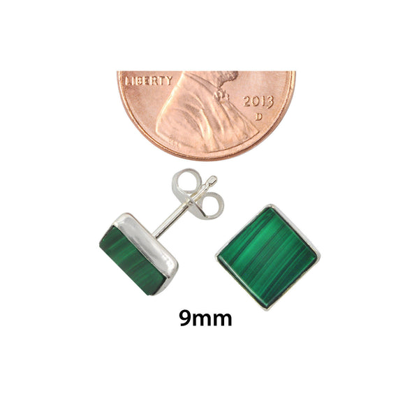 Malachite Stud Earrings 925 Sterling Silver 9mm Square - Jewelryland.com