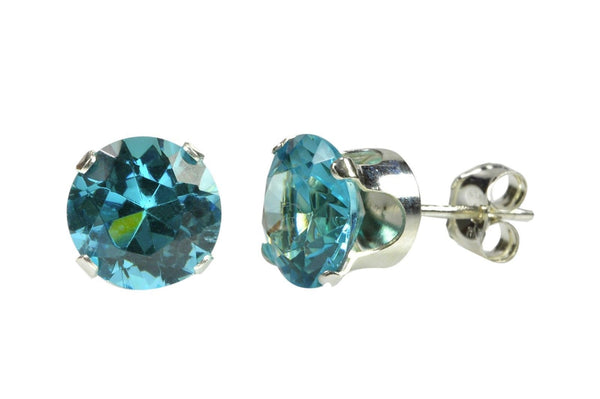 Sterling Silver Stud Earrings Round Aquamarine CZ Cubic Zirconia - Jewelryland.com