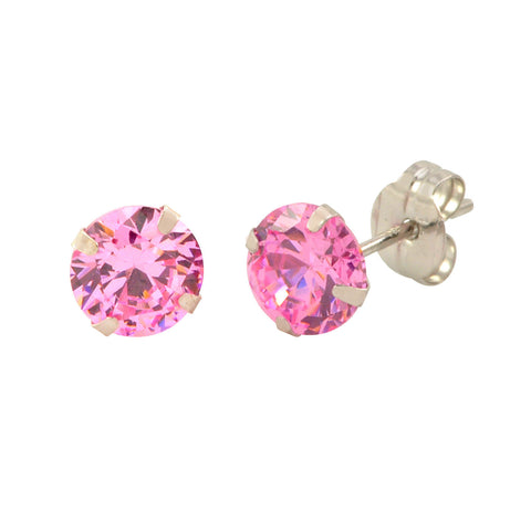 14k White Gold Pink CZ Earrings Round Cubic Zirconia October Birthstone Studs - Jewelryland.com
