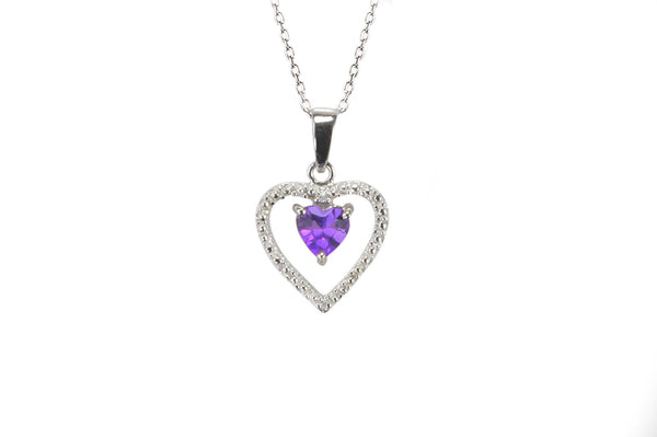 925 Sterling Silver Genuine Diamond and Amethyst Heart Pendant Necklace - Jewelryland.com