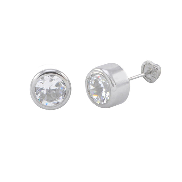 10k White Gold Round Clear CZ Stud Earrings Screwbacks Thick Bezel Setting - Jewelryland.com