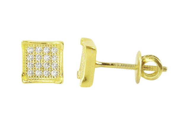 Sterling Silver Yellow Gold Plated Pave Stud Earrings Screwbacks 6mm CZ Square - Jewelryland.com