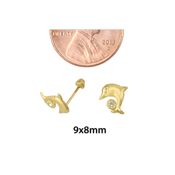 Dolphin with CZ Ball Stud Earrings 10k Yellow Gold with Screwbacks 9x8 - Jewelryland.com