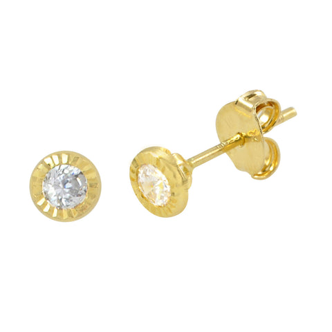 10k Yellow Gold 4mm Round CZ Earrings with Laser Cut Frame Design - Pushbacks - Jewelryland.com