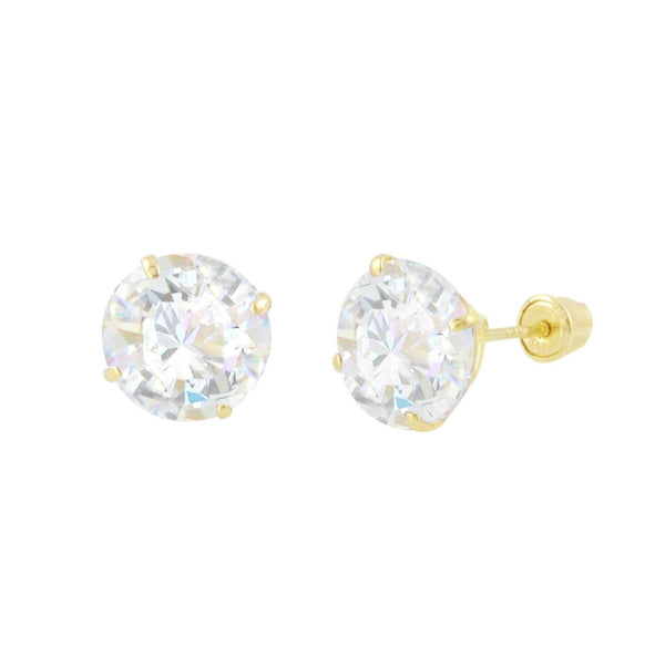 Round CZ Studs Screw Back Earrings Solid 14k Yellow Gold Clear Basket Set - Jewelryland.com