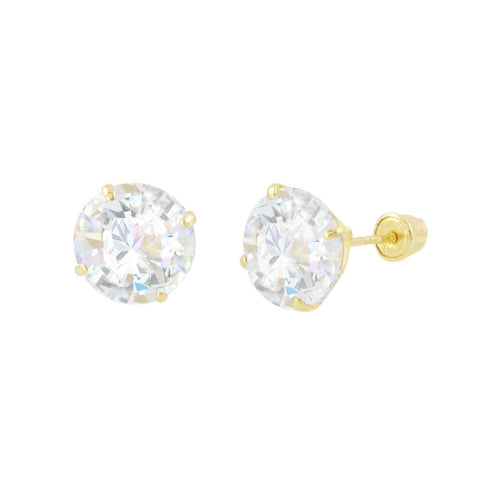Round CZ Studs Screw Back Earrings Solid 14k Yellow Gold Clear Basket Set - Jewelryland.com