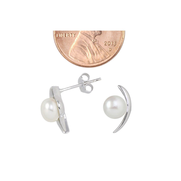 White Freshwater Pearl Earrings High Polished Curved Bar Sterling Silver - Jewelryland.com