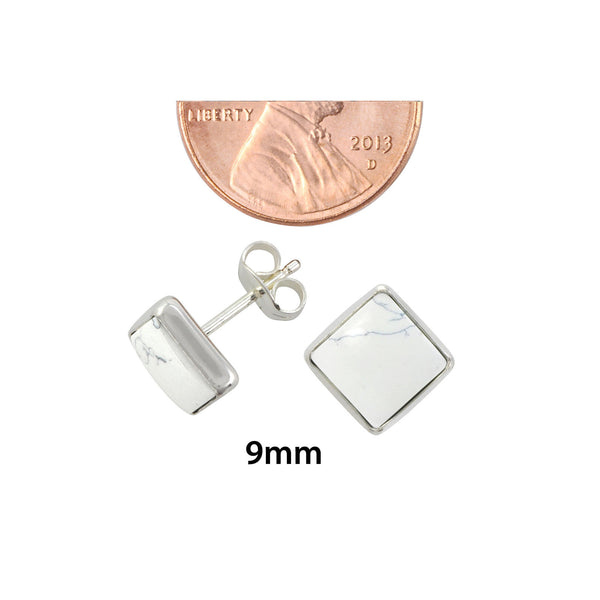 Sterling Silver Gemstone Earrings White Turquoise 9mm Square Handmade Studs - Jewelryland.com