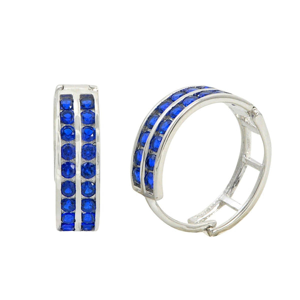 Sterling Silver Huggie Hoop Earrings 2 Row Dark Blue Cubic Zirconia 16mm x 5mm - Jewelryland.com